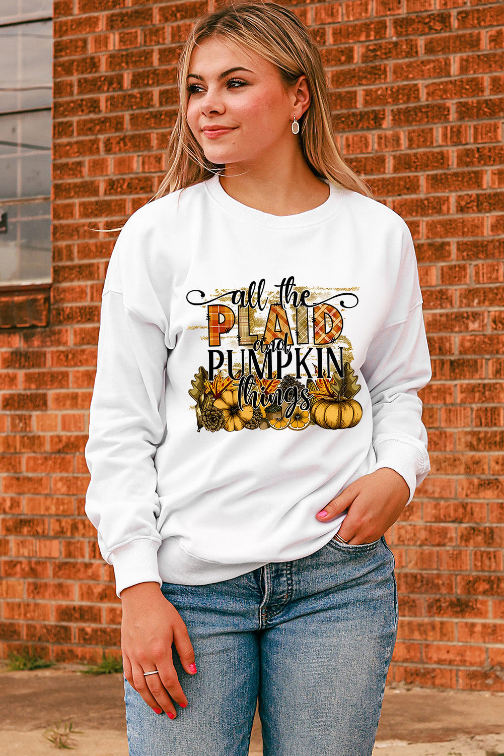 Beige all the Plaid and Pumpkin things Print Graphic Sweatshirt
