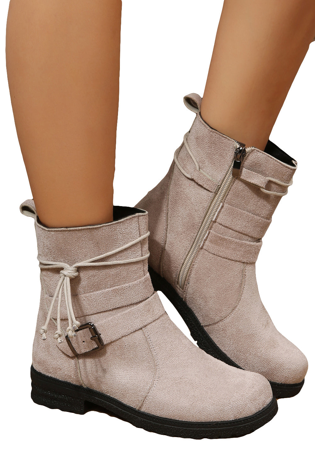 Brown Faux Suede Zip Up Buckle Straps Ankle Boots