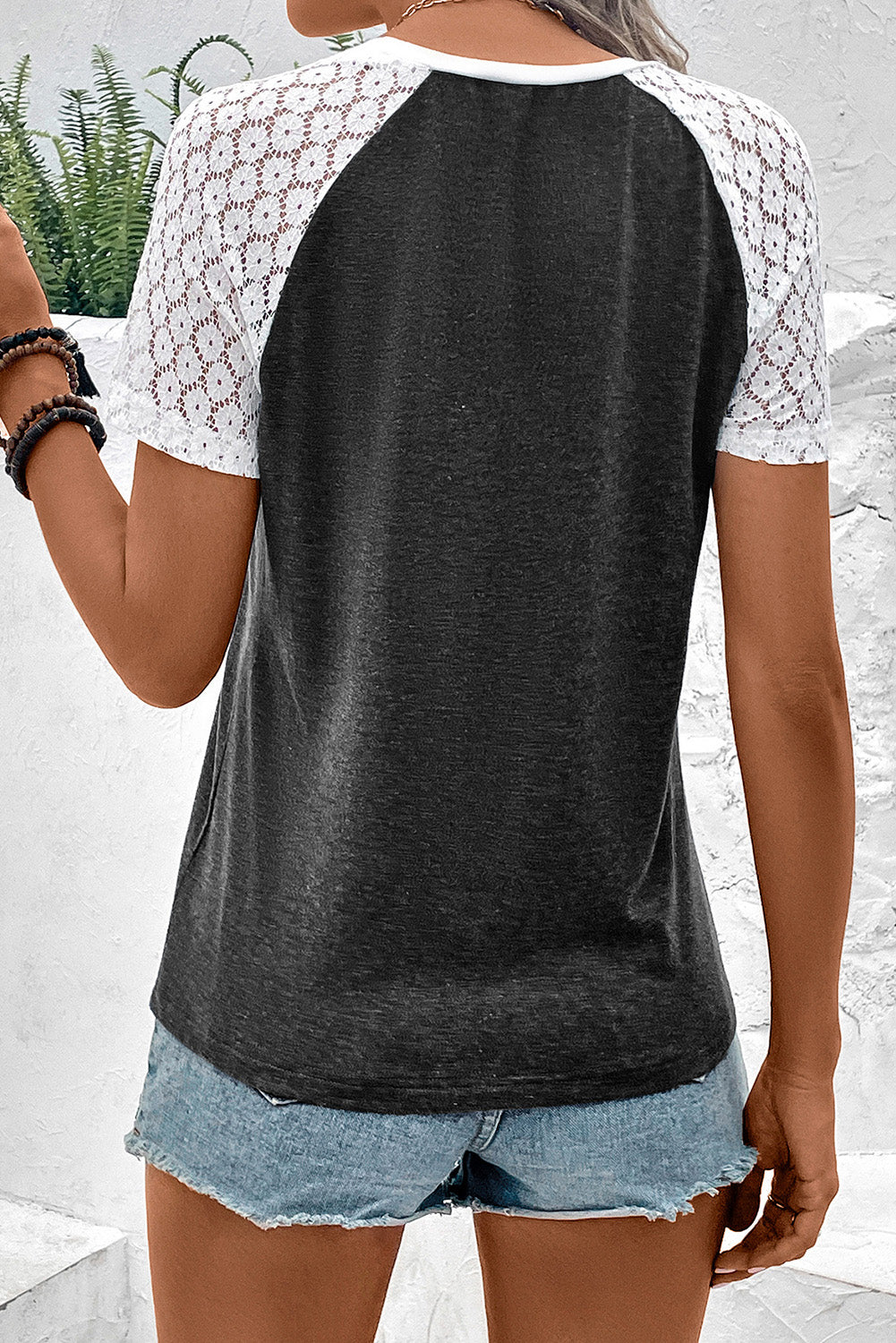 Gray Casual Patchwork Lace Sleeve T Shirt