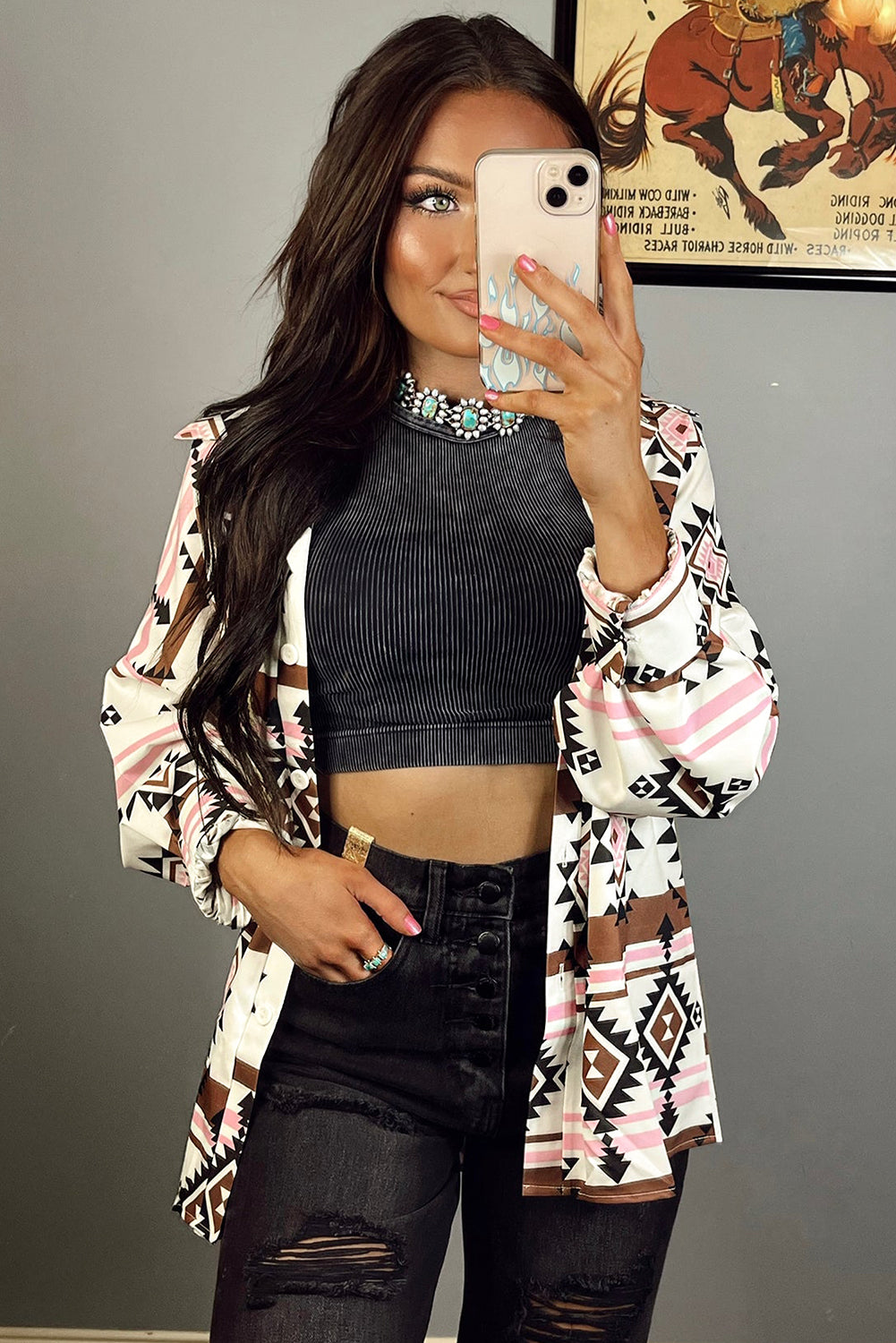Bright White Aztec Print Loose Fit Buttoned Long Sleeve Shirt