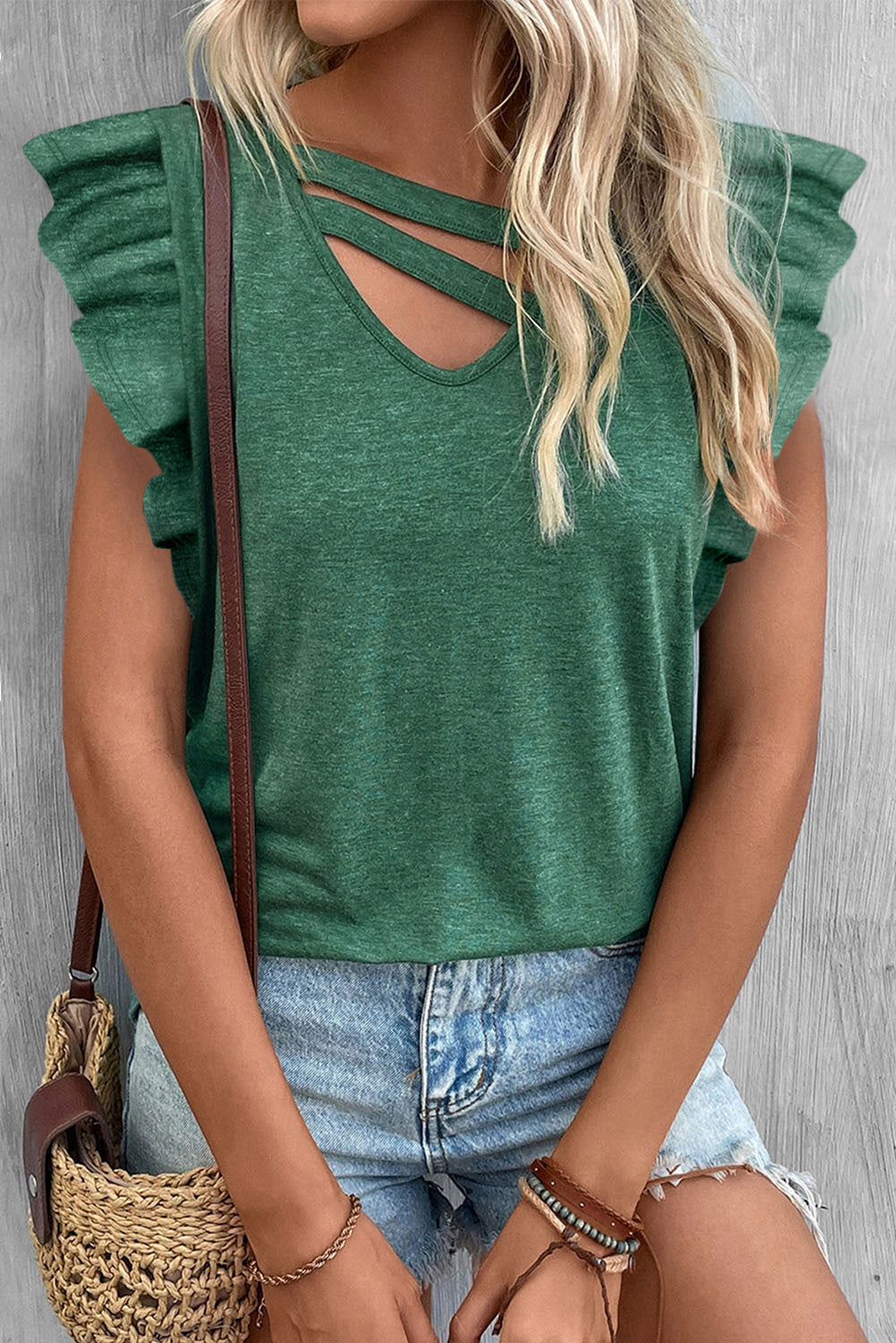 Green Solid Color Ruffle Sleeveless V Neck T Shirt
