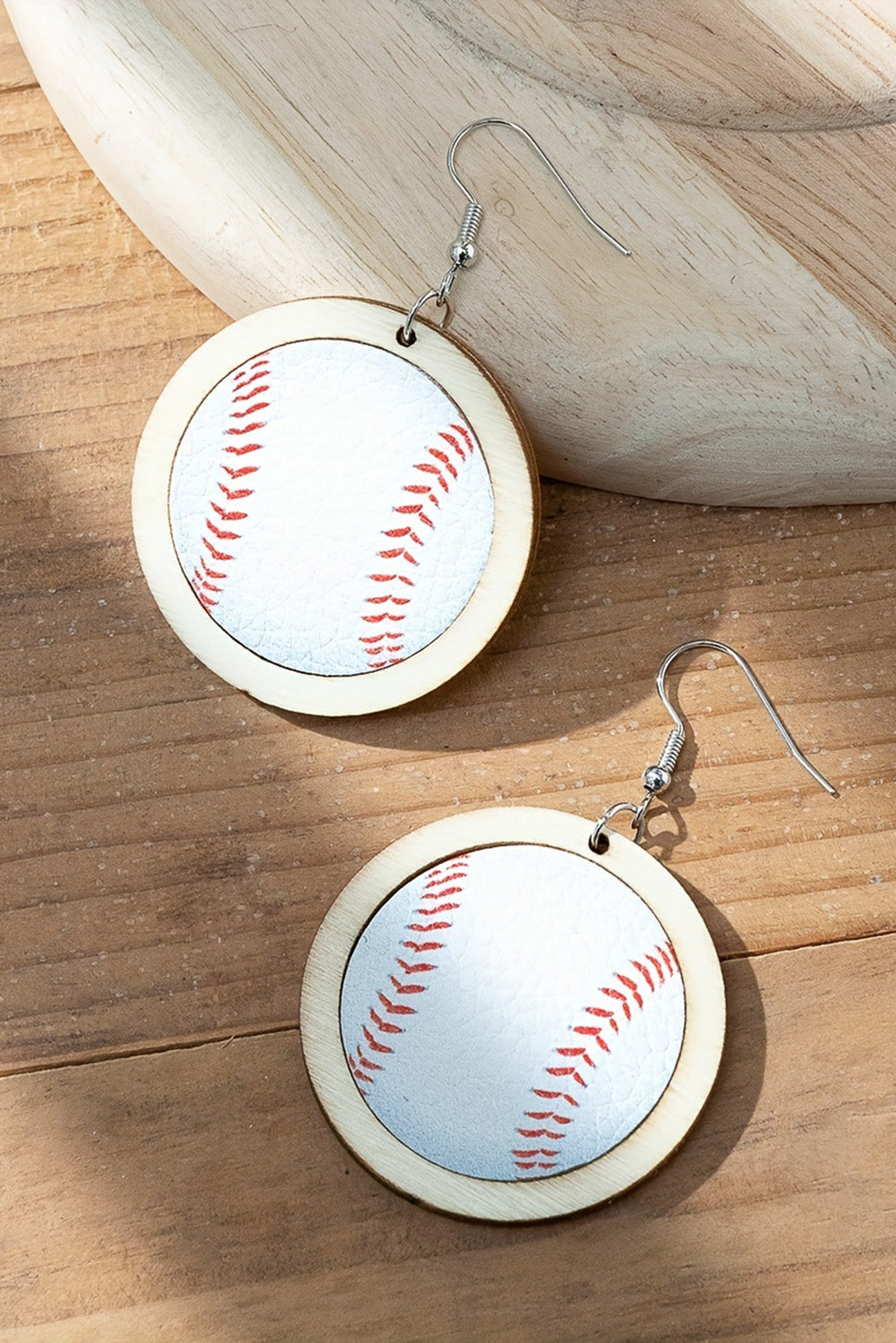 Bright White Wooden Leather Inset Baseball Earrings