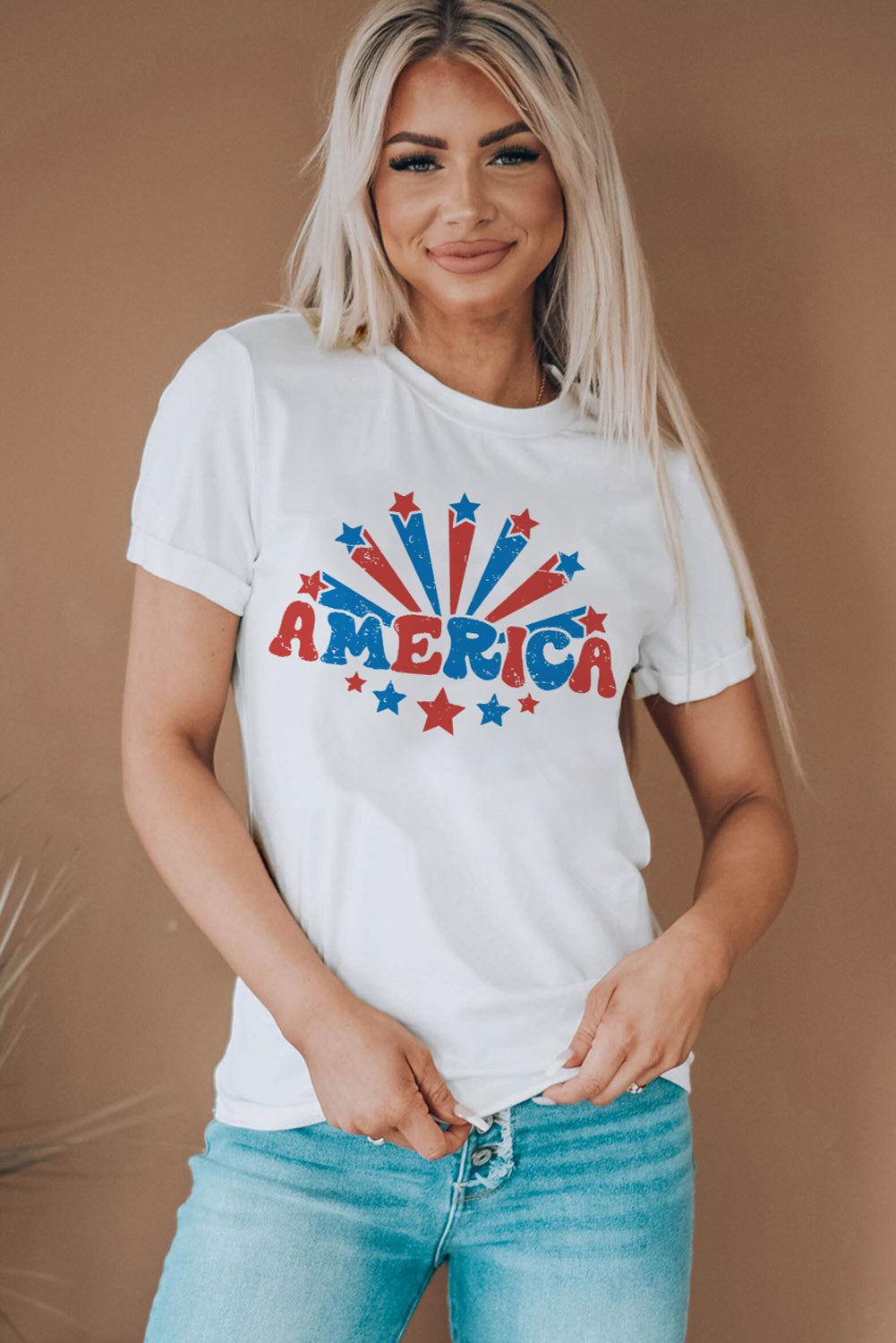 White AMERICA Stars Graphic Print Short Sleeve T Shirt