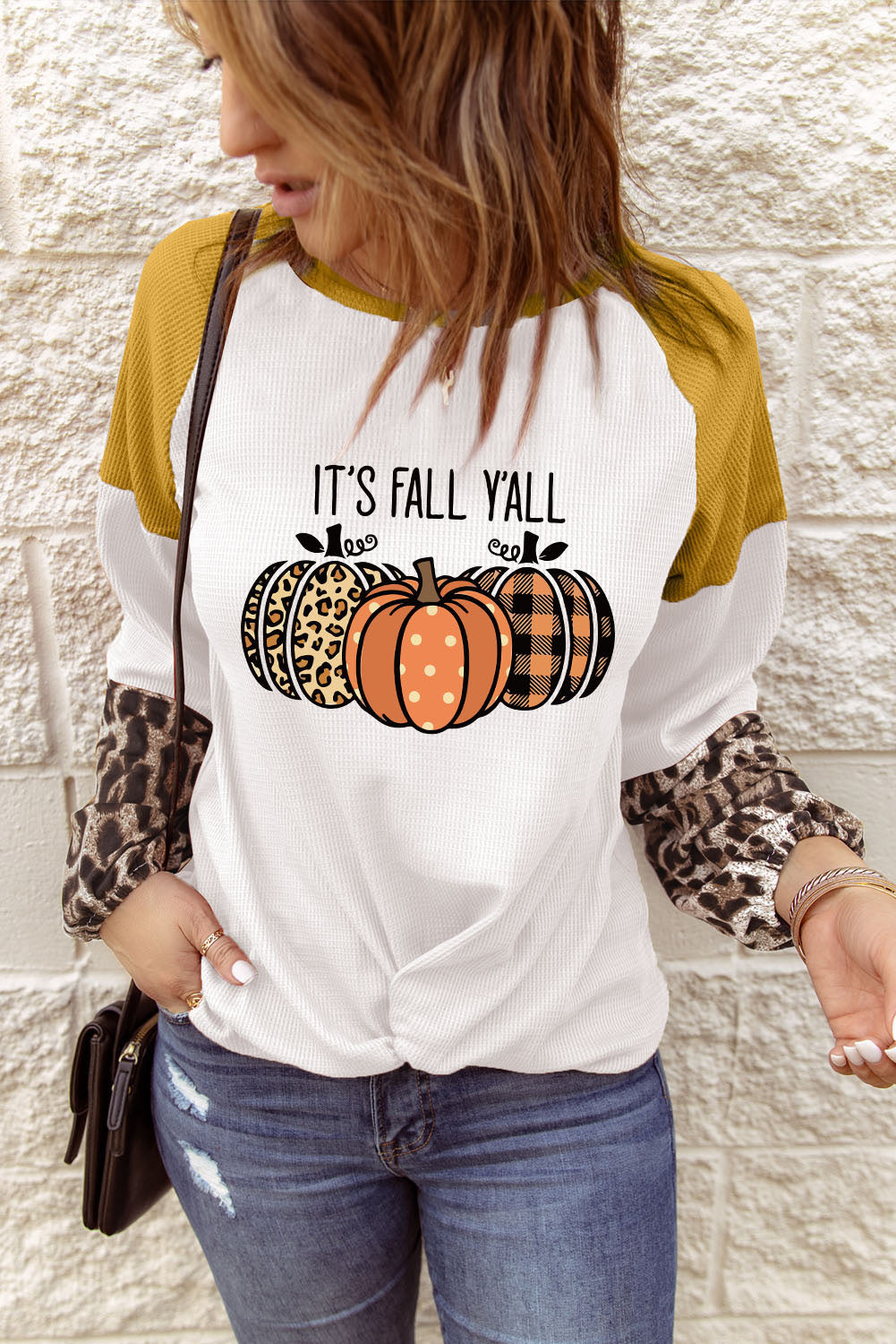 White Fall Pumpkin Leopard Color Block Sleeve Graphic Top