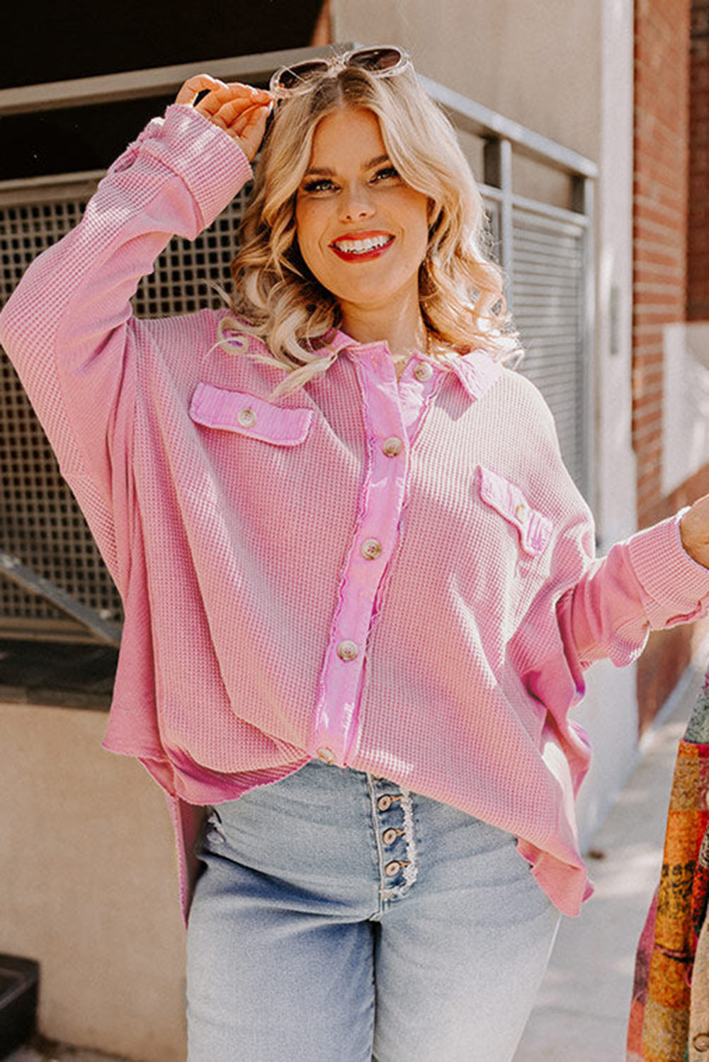 Pink Plus Size Waffle Knit Flap Pocket Long Sleeve Shirt