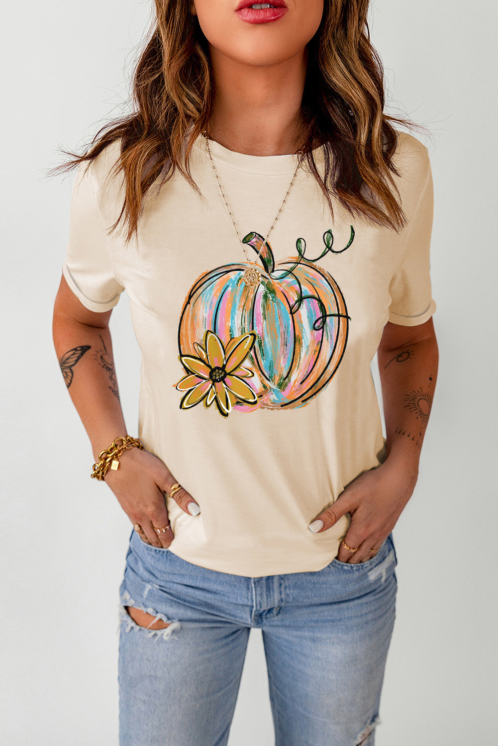 Khaki Casual Pumpkin with Flower Graphic T Shirt