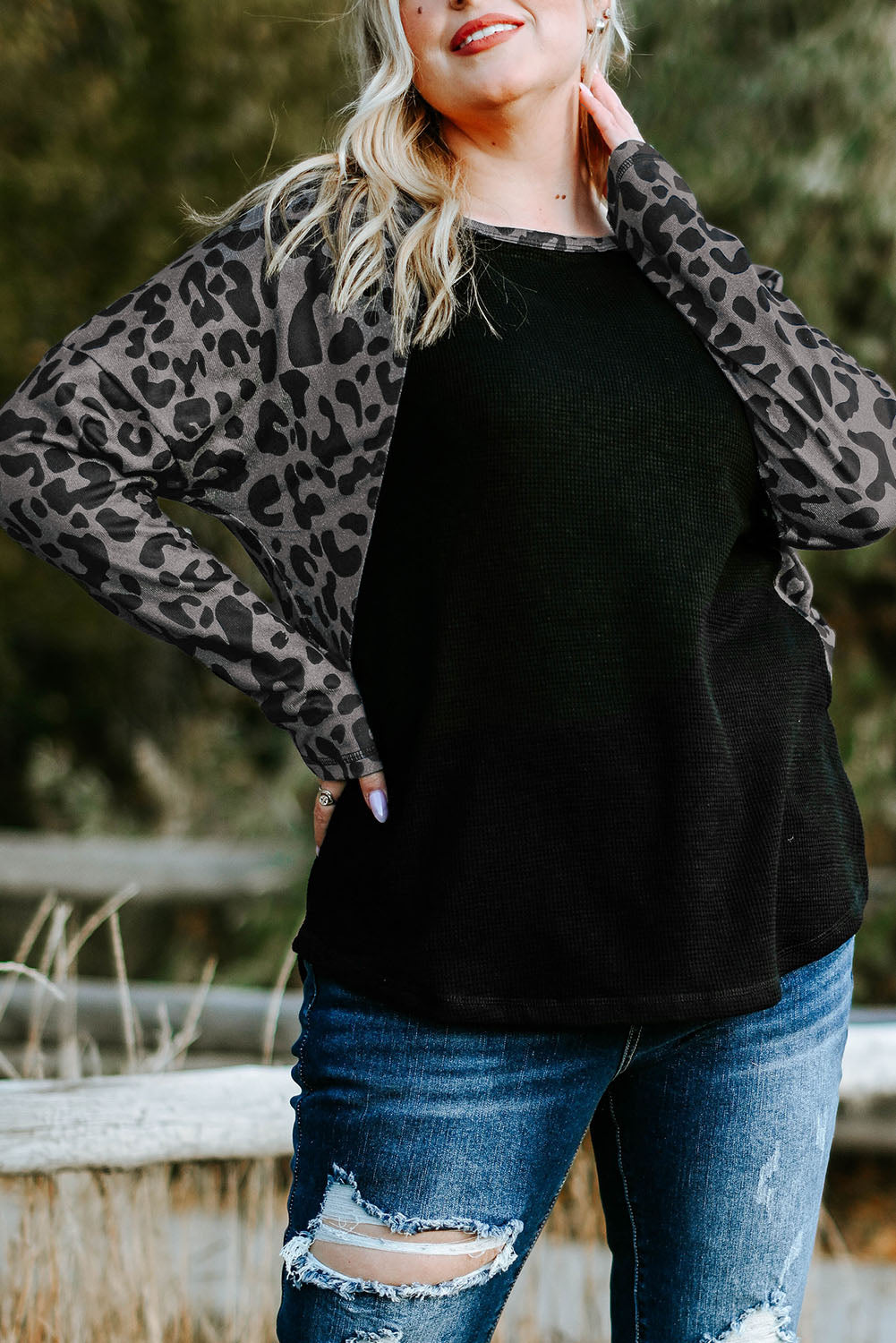 Black Leopard Raglan Sleeve Waffle Knit Plus Size Top