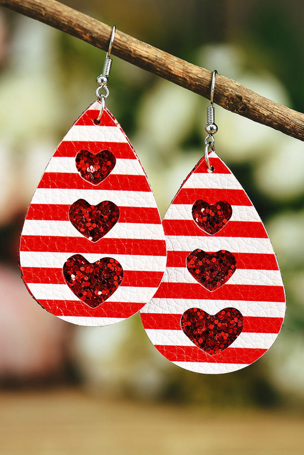 White  Valentines Heart Print Pu Leather Teardrop Dangle Earrings