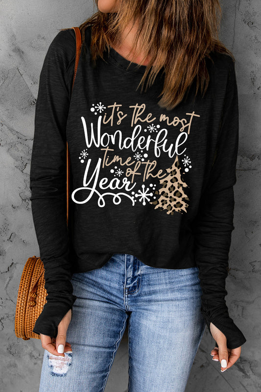 Black Christmas Slogan Leopard Print  Graphic Thumbhole Sleeve T Shirt