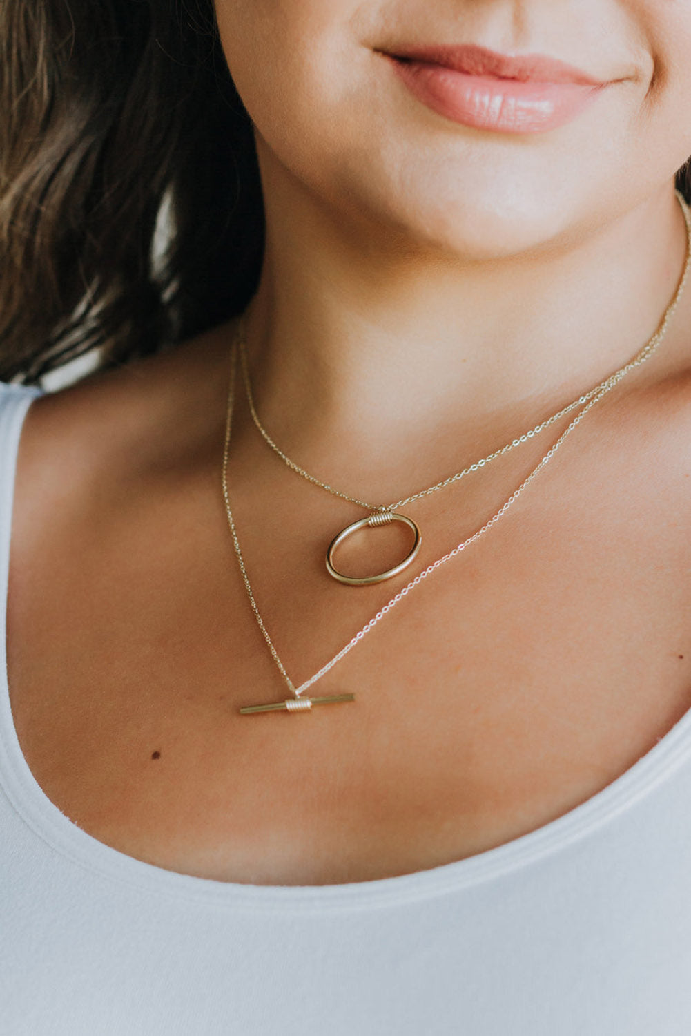 Gold Circle and Bar Double Layered Necklace