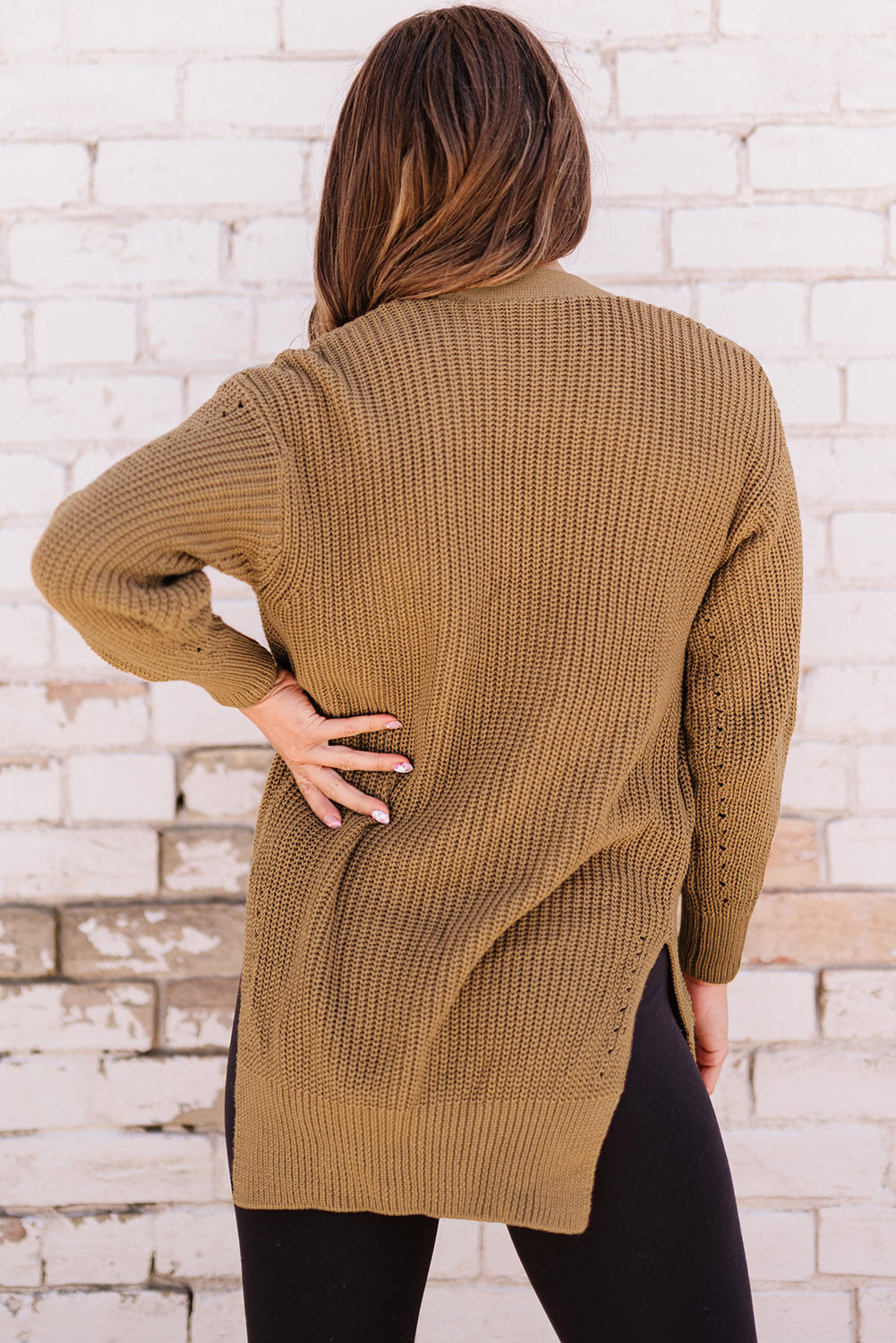 Ribbed Knit Eyelet Detail Drop Shoulder Brown Casual Cardigan with Slits