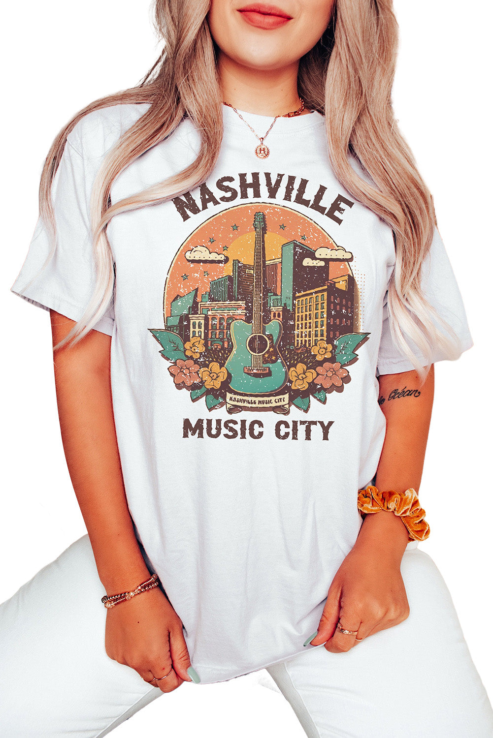 White Nashville Music City Graphic Short Sleeve Tee