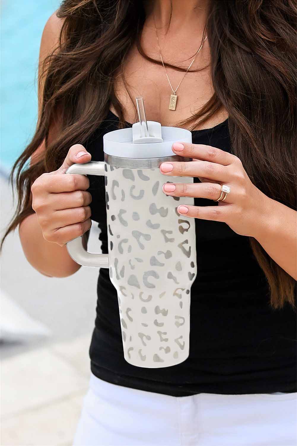 Black 40oz Stainless Steel Portable Leopard Tumbler Mug With Handle