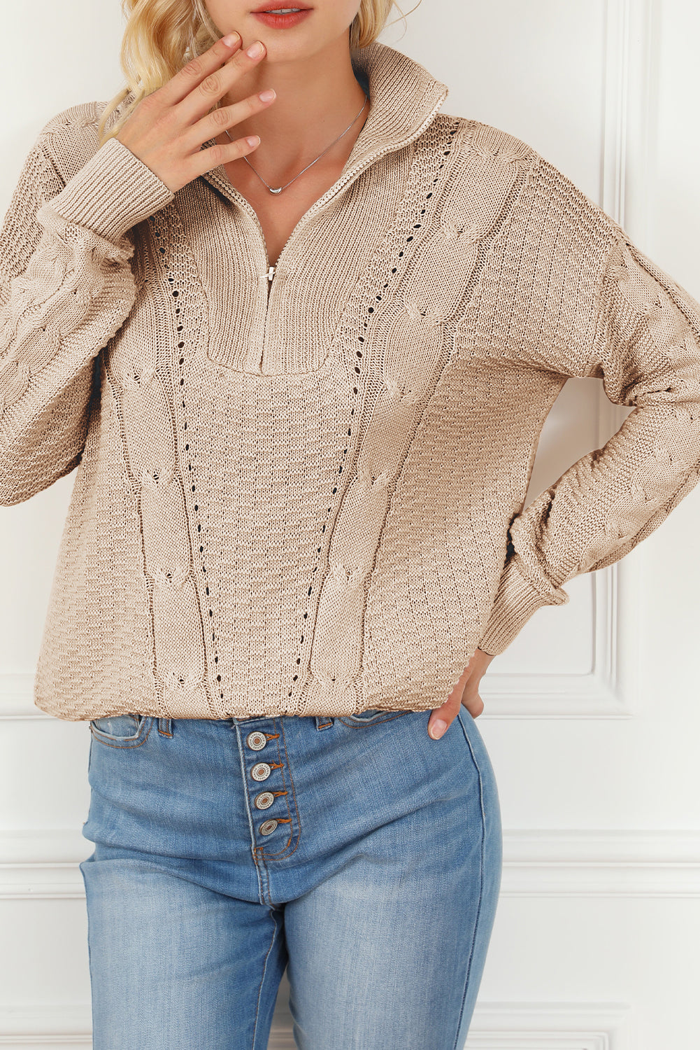 Apricot Zipped Stand Collar Cable Knit Sweater