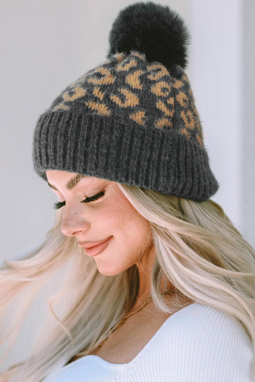 Beige Leopard Print Pompom Knitted Hat