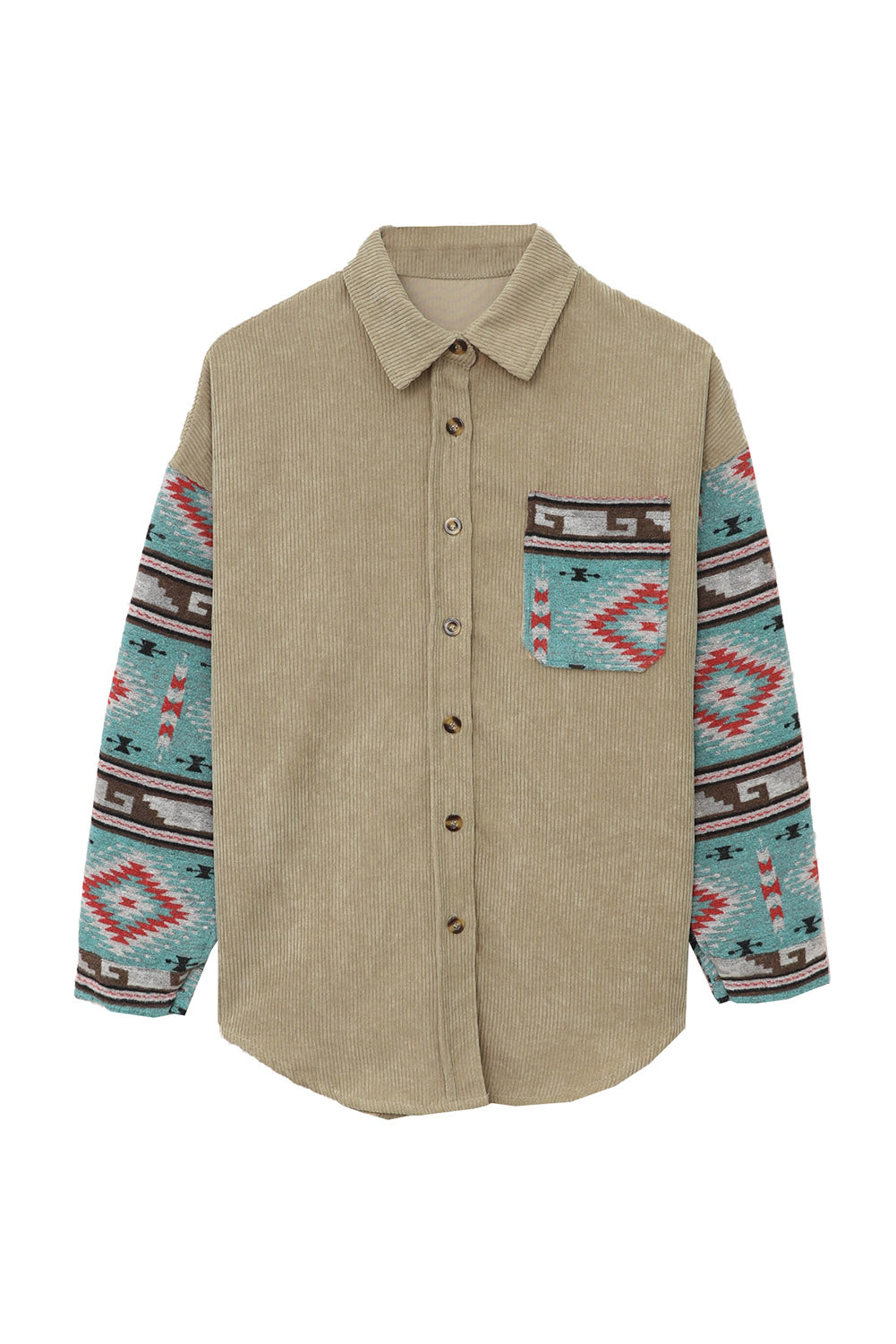 Khaki Aztec Pattern Button Up Corduroy Shirt Shacket