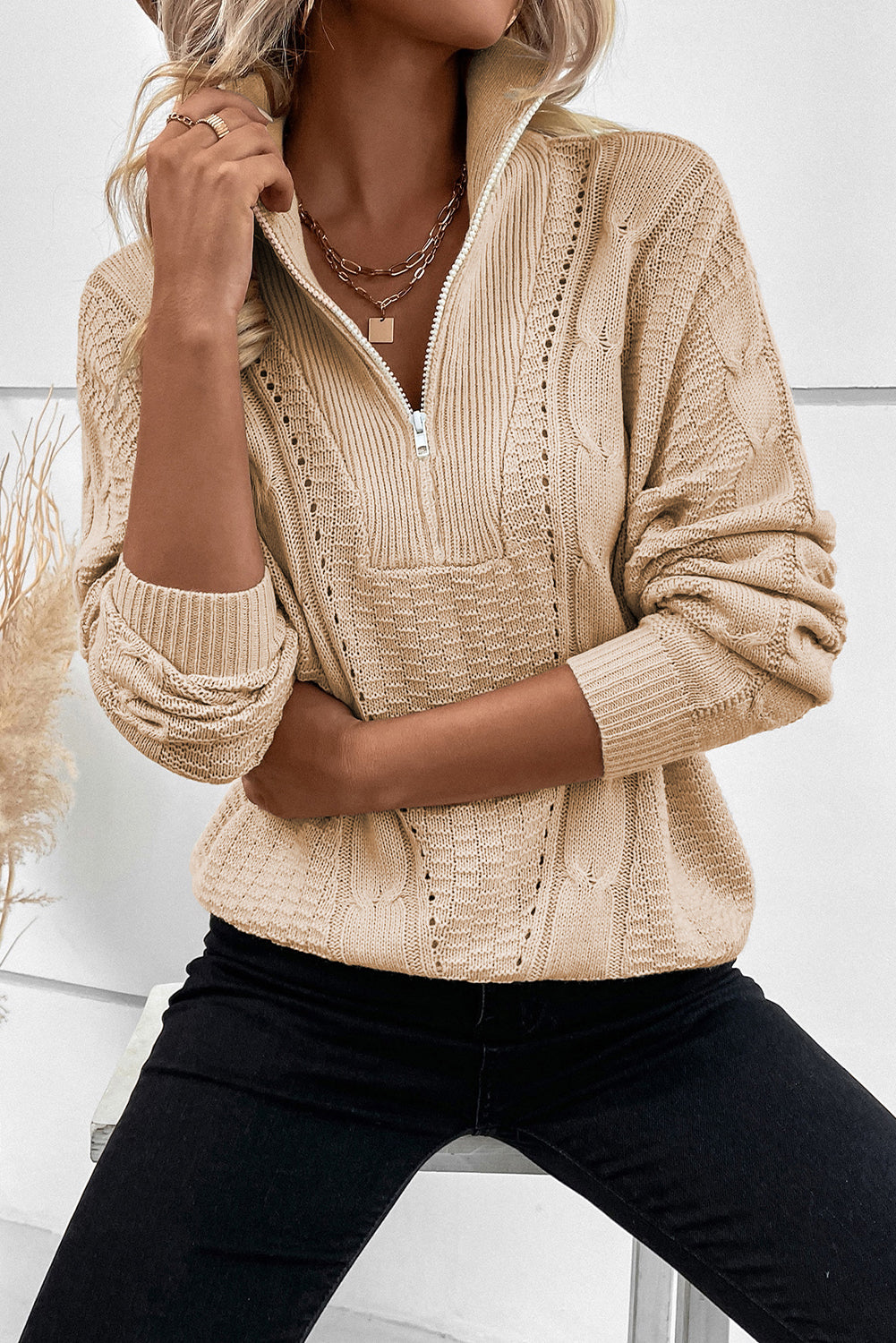 Apricot Zipped Stand Collar Cable Knit Sweater