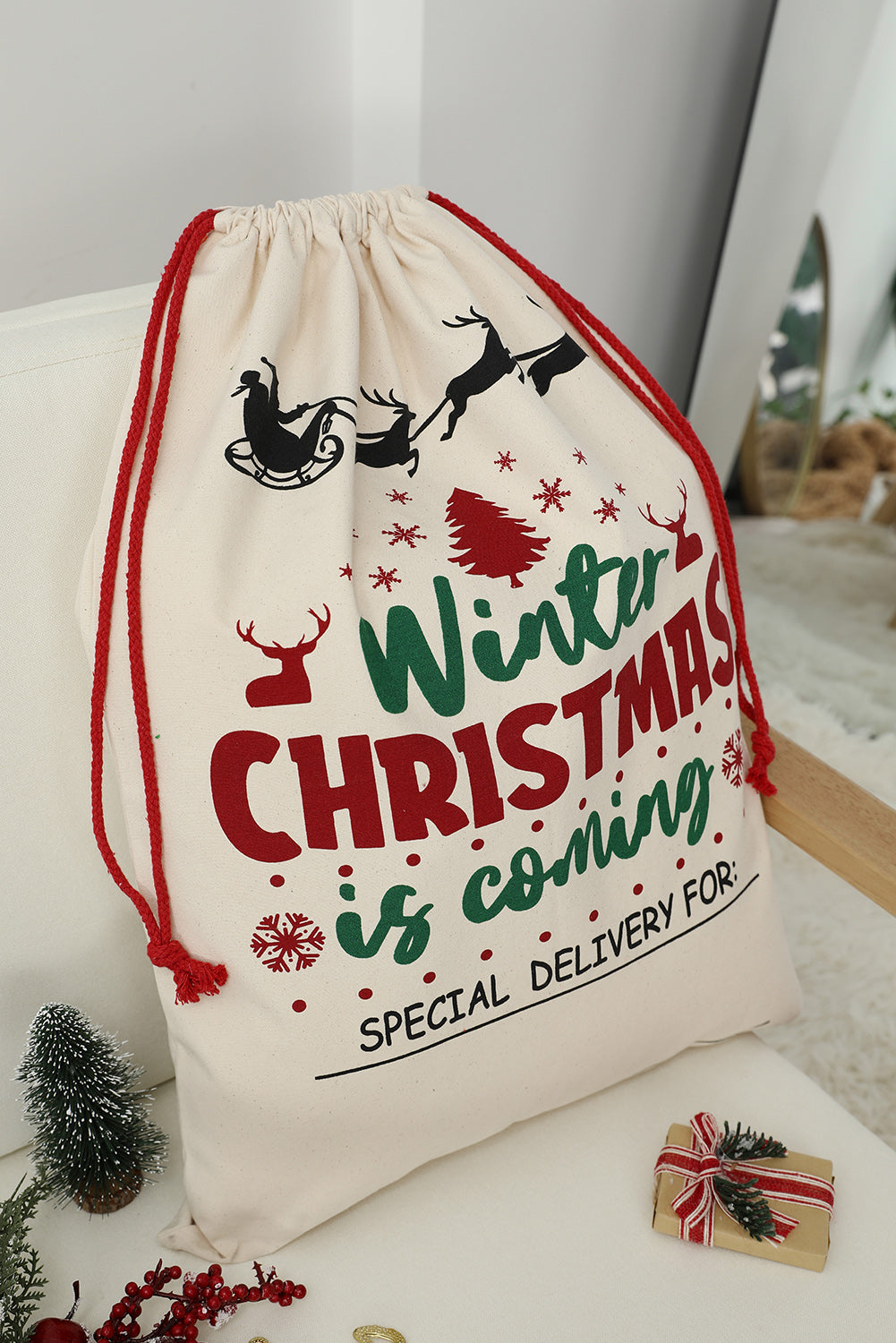 Multicolor Christmas Drawstring Canvas Goody Gift Bag