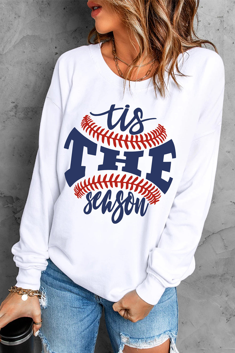 White Casual Letter Print Baseball Graphic Sweatshirt