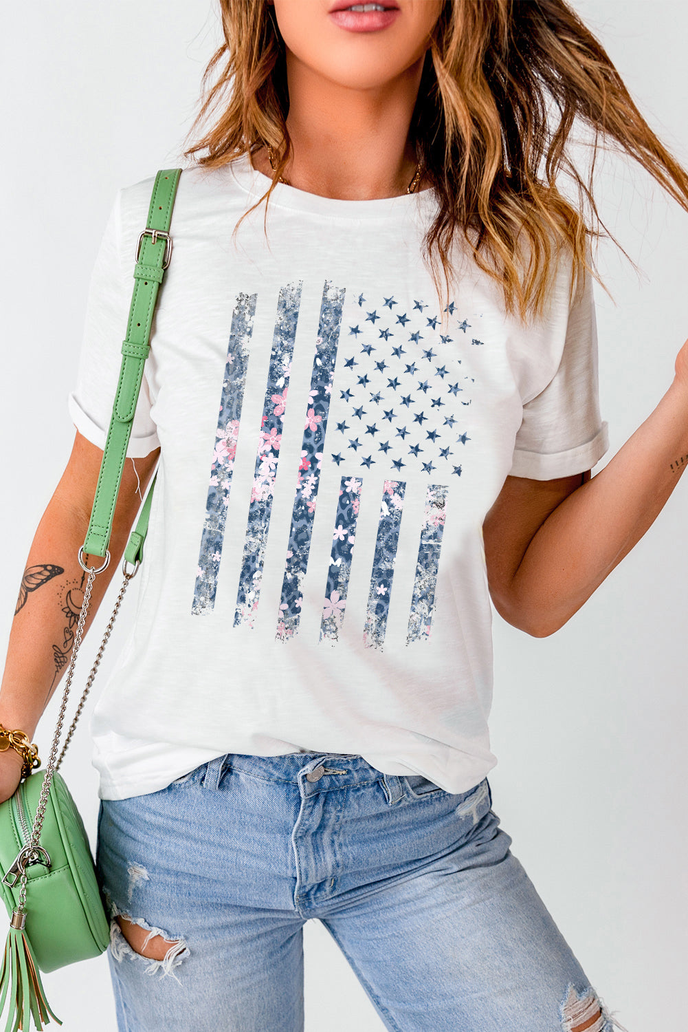 White Floral American Flag Print Graphic Tee