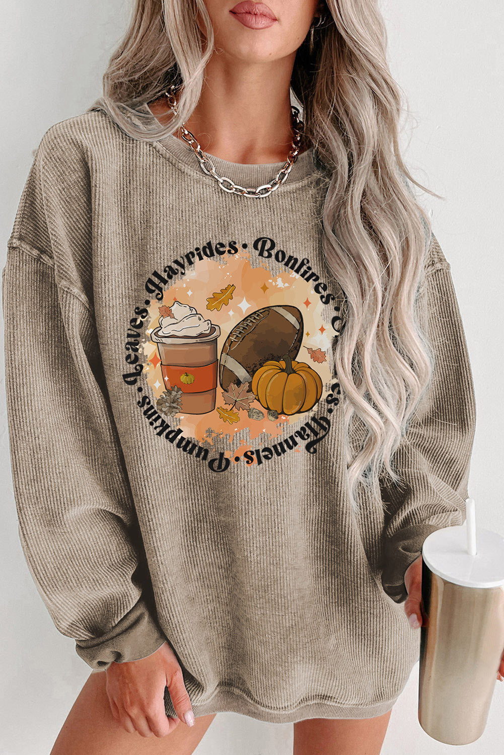 Khaki Oversized Autumn Vibe Graphic Corded Sweatshirt