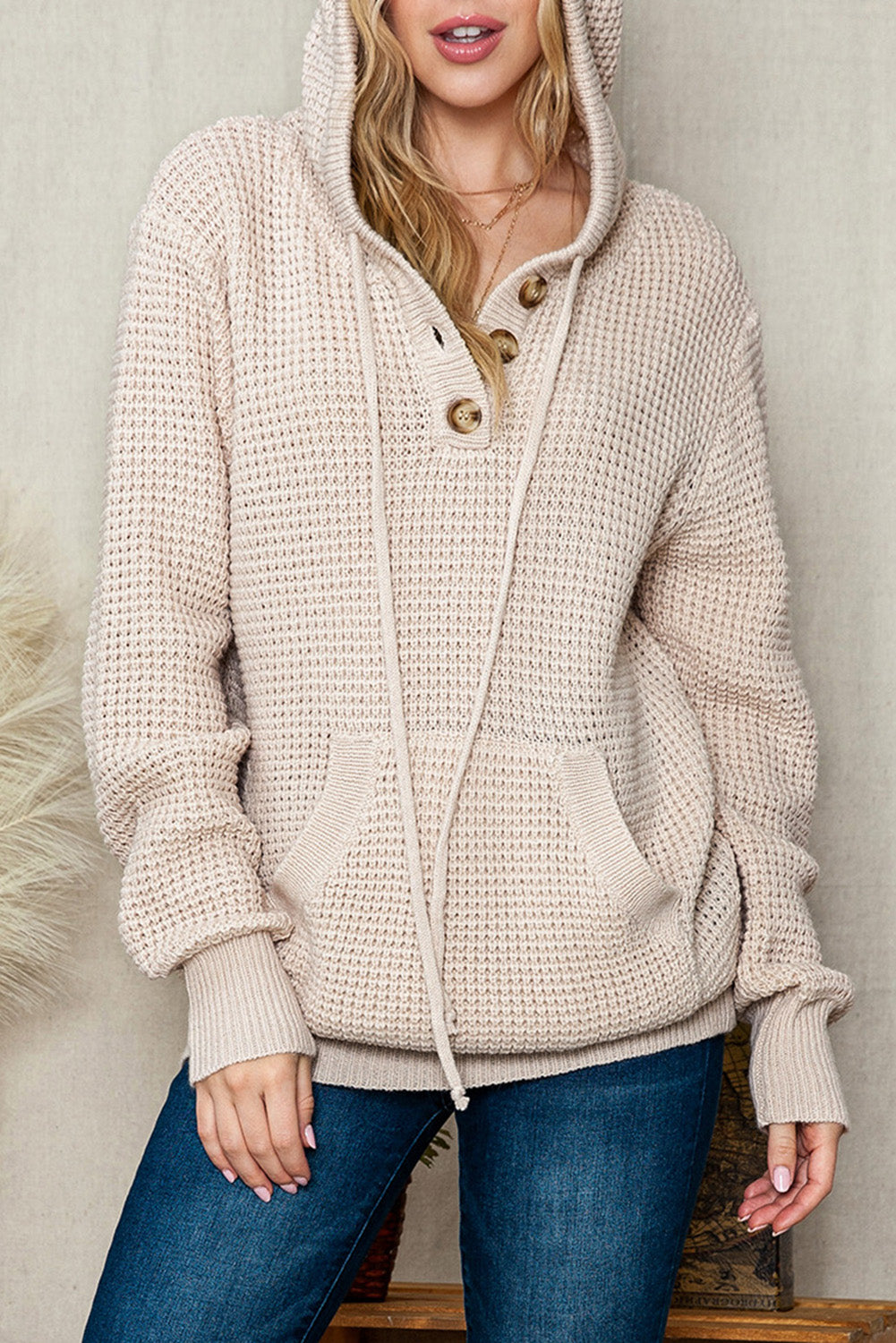 Apricot Buttons Pocket Cable Knit Hooded Sweater
