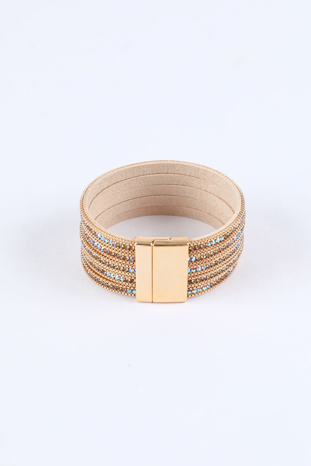 Gold Full Diamond Leather Wide Magnetic Buckle Bracelet