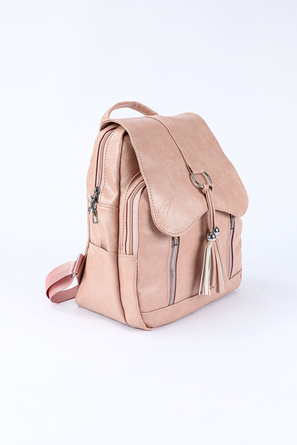 Pink Casual Multifunctional Flap Faux Leather Backpack