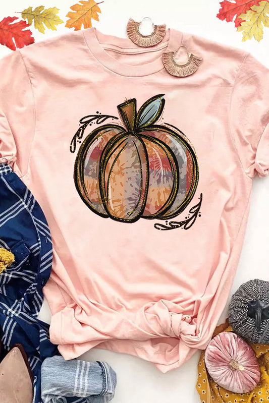 Pink Fall Pumpkin Print Casual Graphic T Shirt