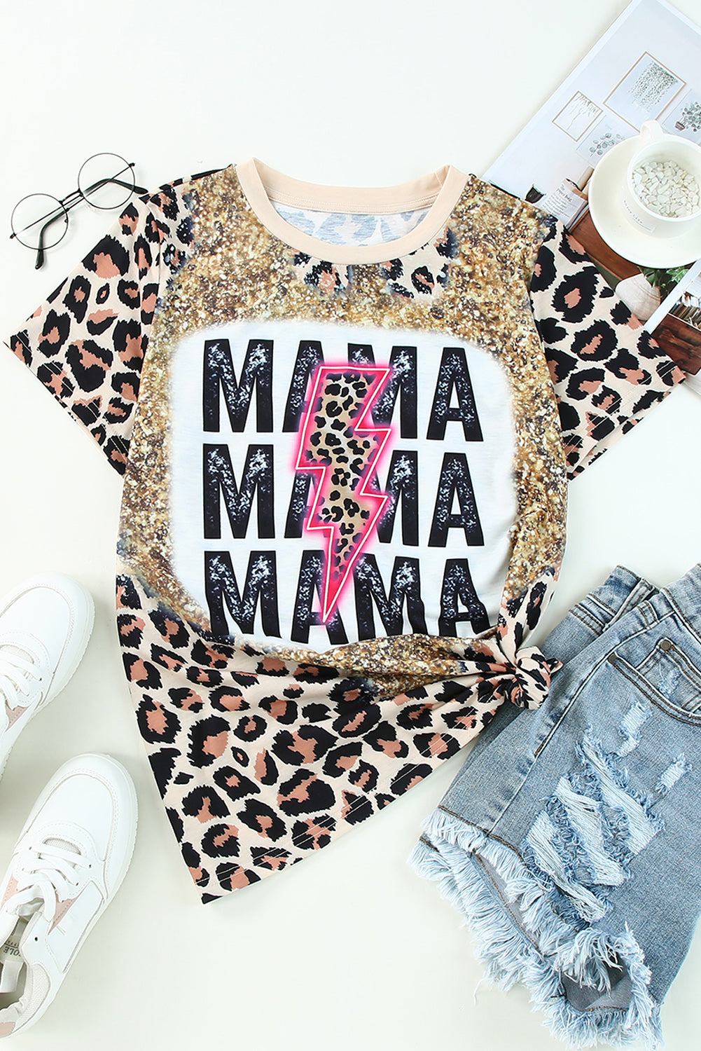 Leopard Dyed MAMA Lightning Graphic T Shirt