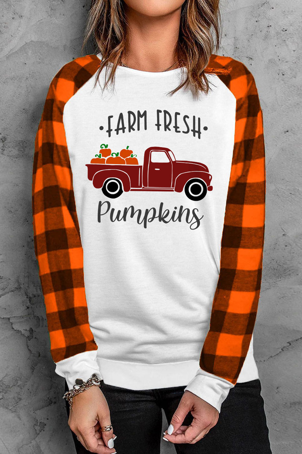 Orange Plaid Sleeve FARM FRESH Pumpkins Graphic Top
