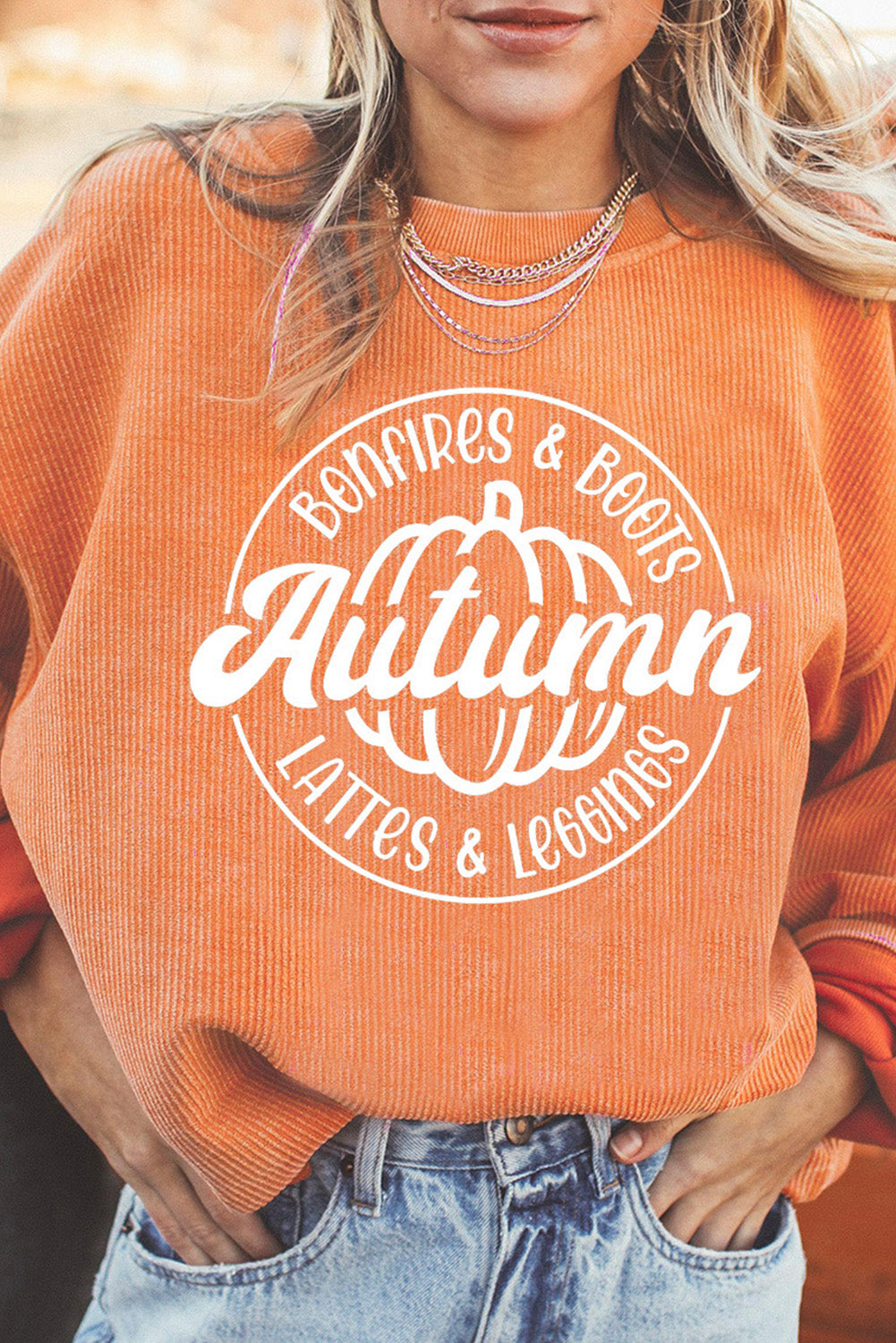 Orange Pumpkin Graphic Print Corded Oversized Sweatshirt