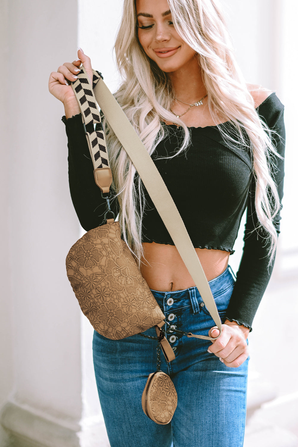 Camel Colorblock Strap Chain Shoulder Bag With Coin Purse