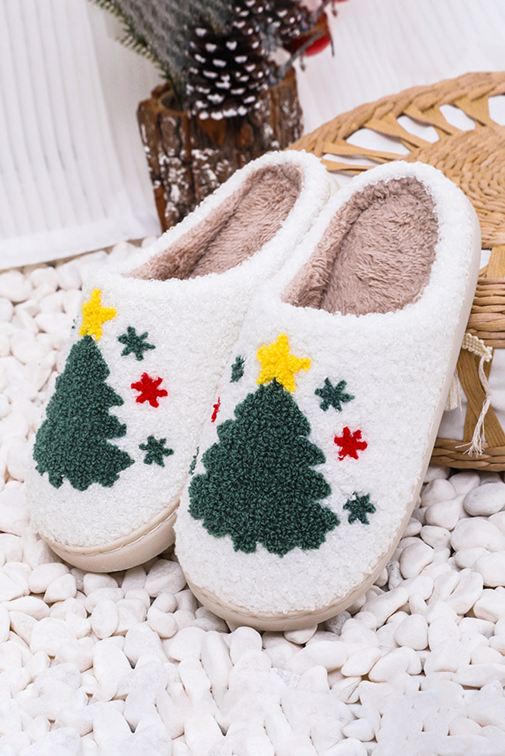 White Christmas Santa Clause Graphic Plush Slippers