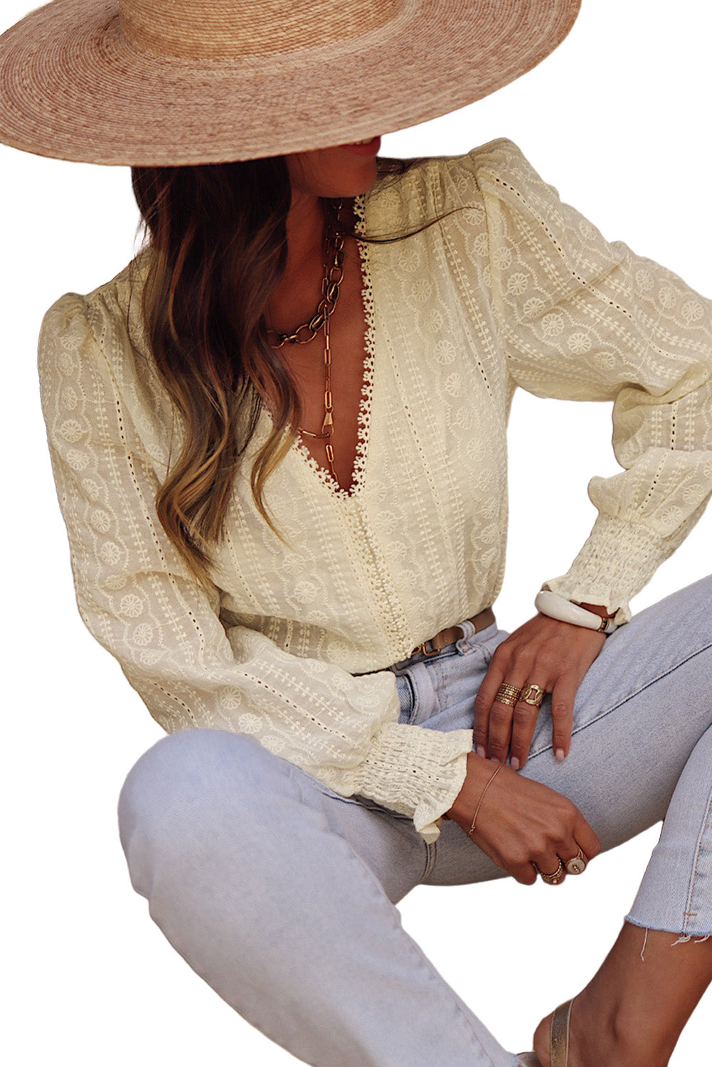Beige Lace Crochet Embroidered V Neck Long Sleeve Shirt