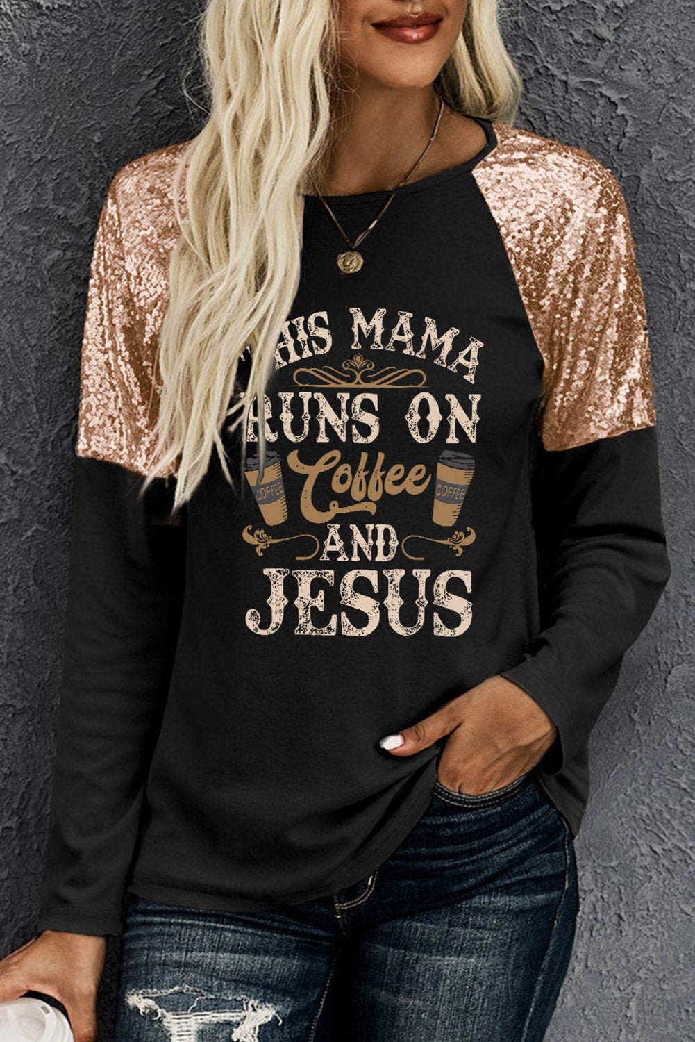 Black This Mama Runs On Coffee And Jesus Sequin Patched Top