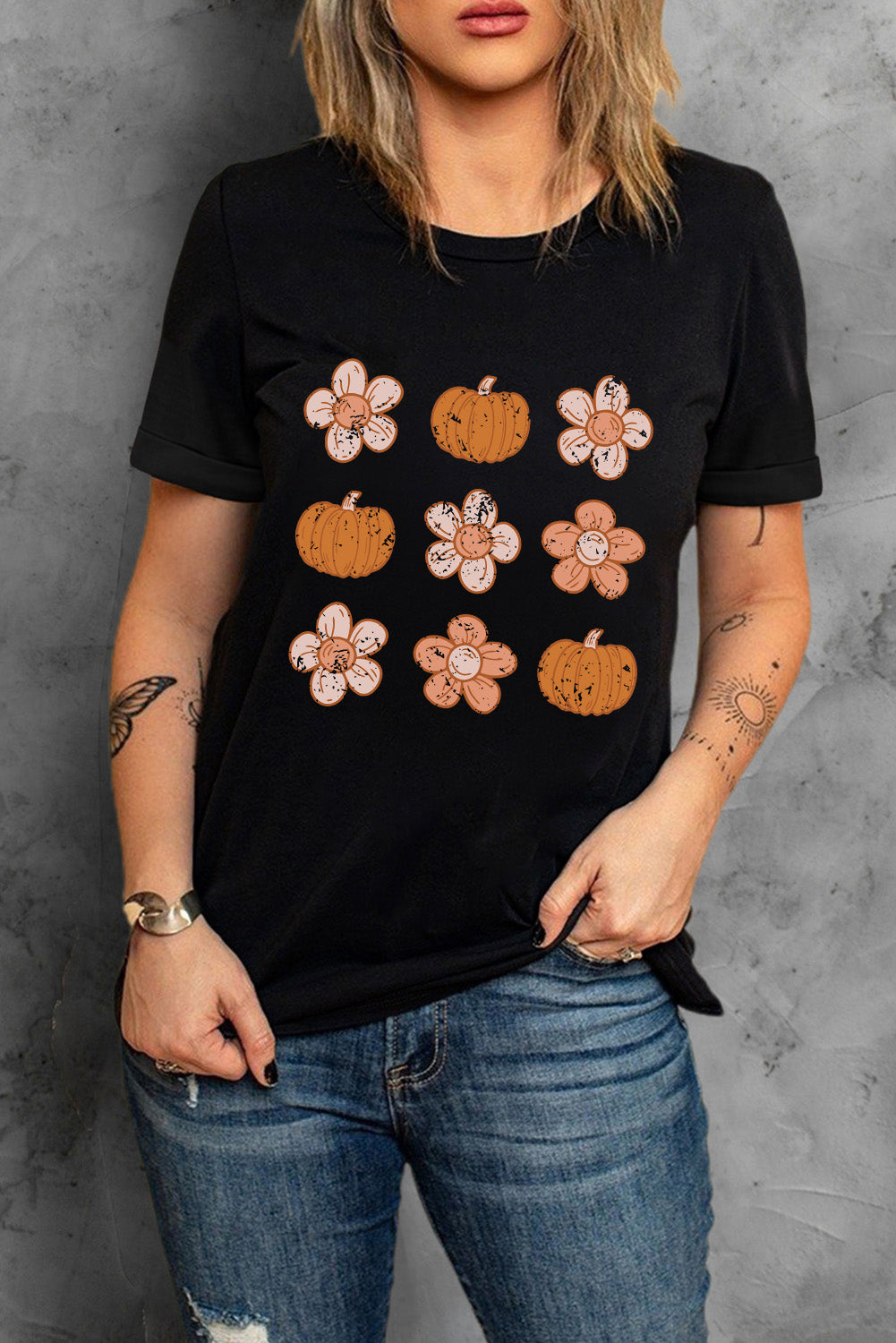 Black Pumpkin Flower Print Short Sleeve Graphic T Shirt