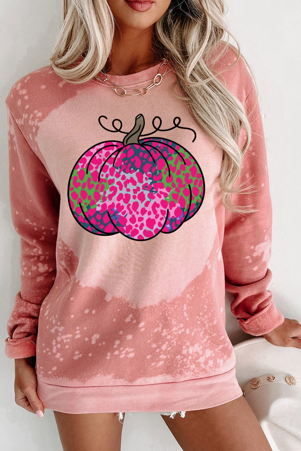 Pink Pumpkin Tie Dye Print Graphic Pullover Sweatshirt