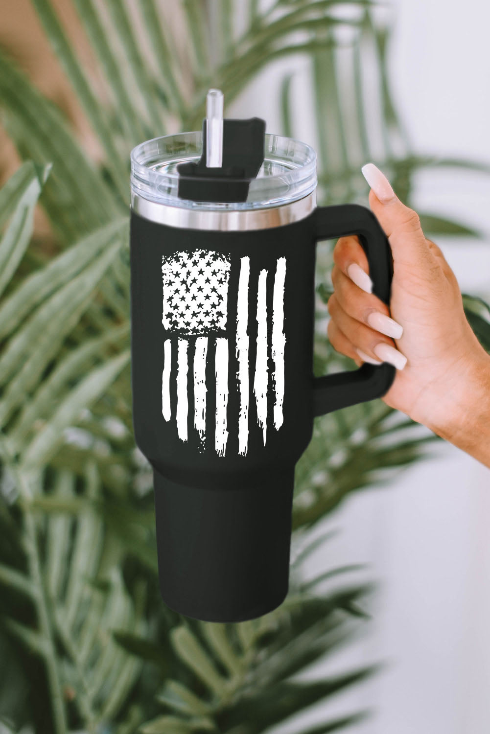 Black 40oz American Flag Print Stainless Steel Tumbler Mug with Handle