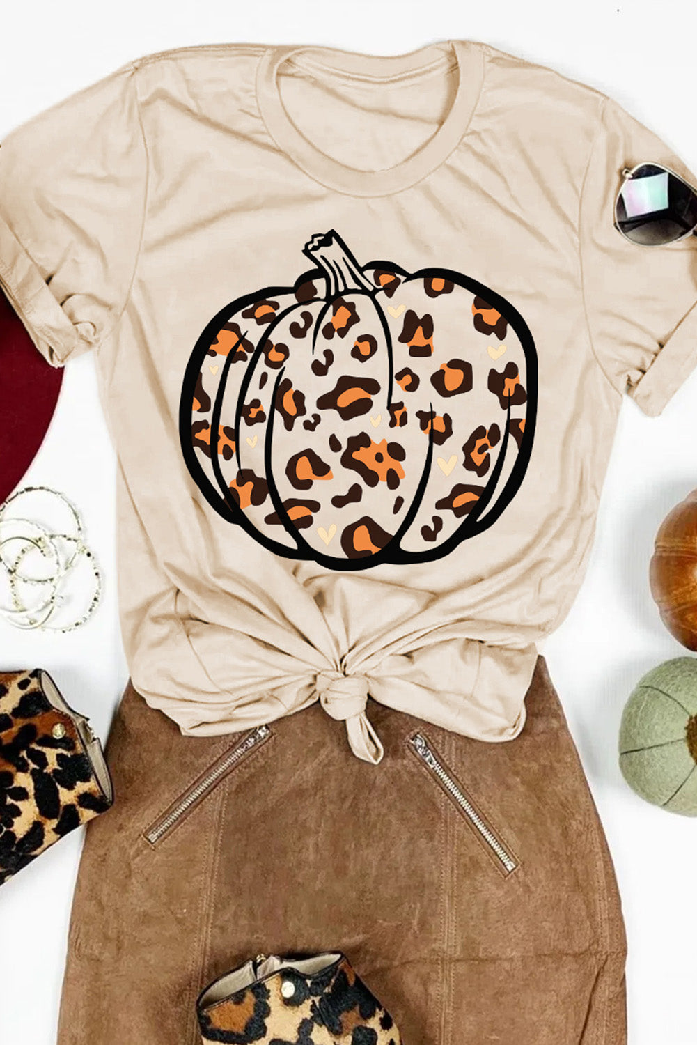 Khaki Pumpkin Leopard Print Casual Graphic Tee