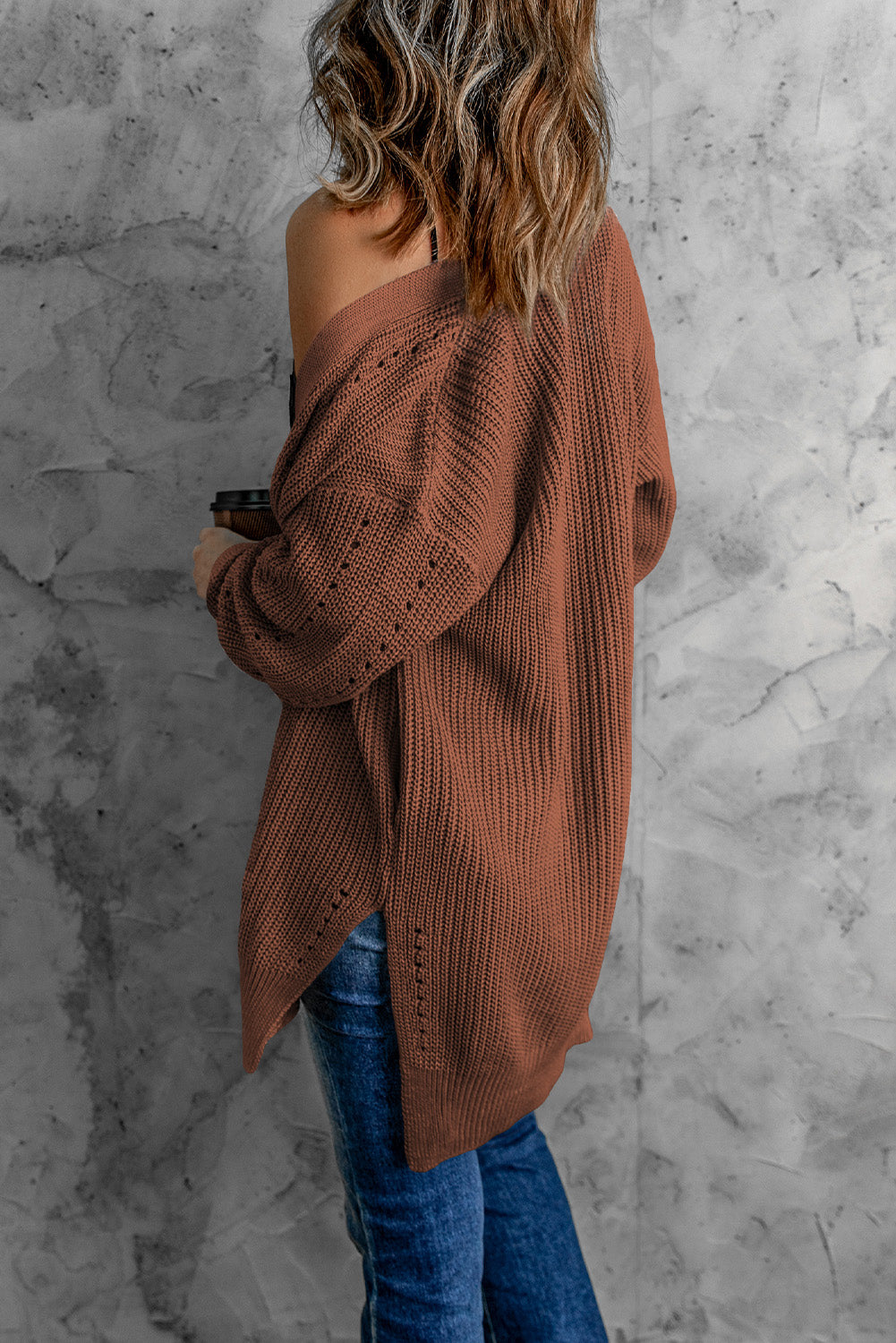 Ribbed Knit Eyelet Detail Drop Shoulder Brown Casual Cardigan with Slits