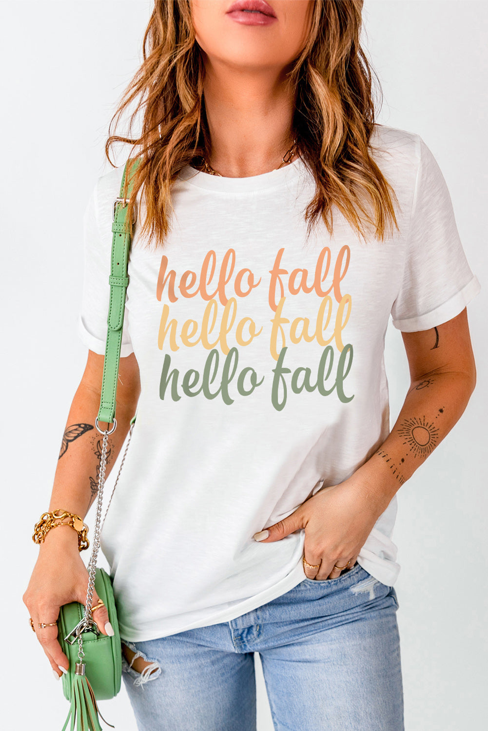 White Hello Fall Letter Print Casual Graphic Tee