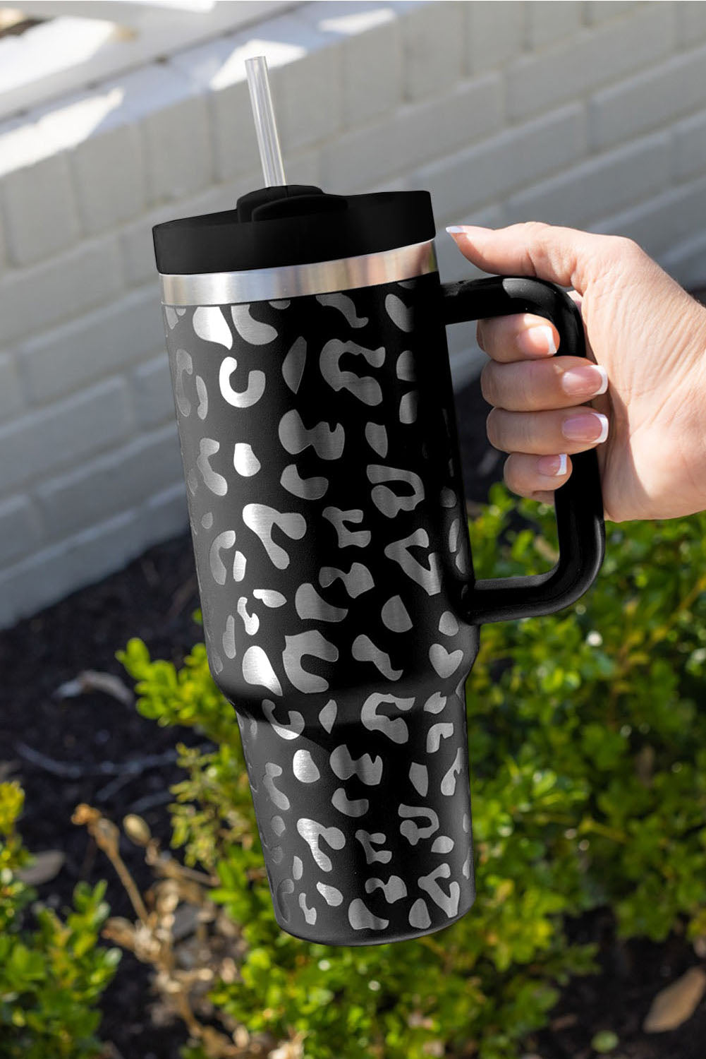 Black 40oz Stainless Steel Portable Leopard Tumbler Mug With Handle