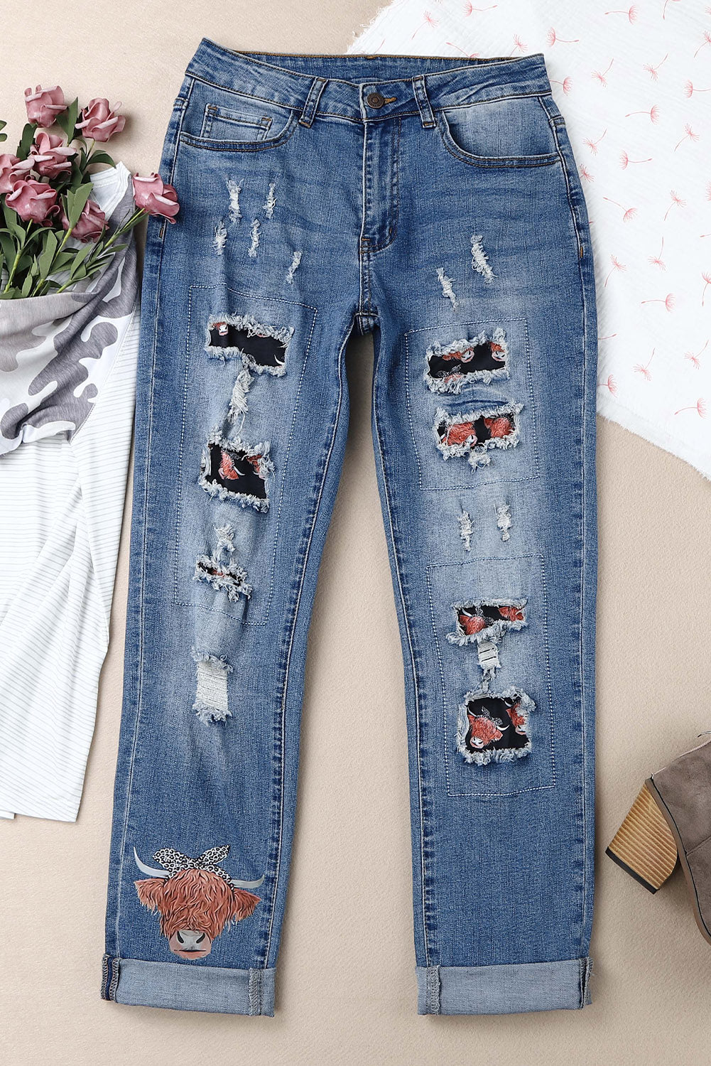 Blue Animal Print Ripped Straight Leg Graphic Jeans