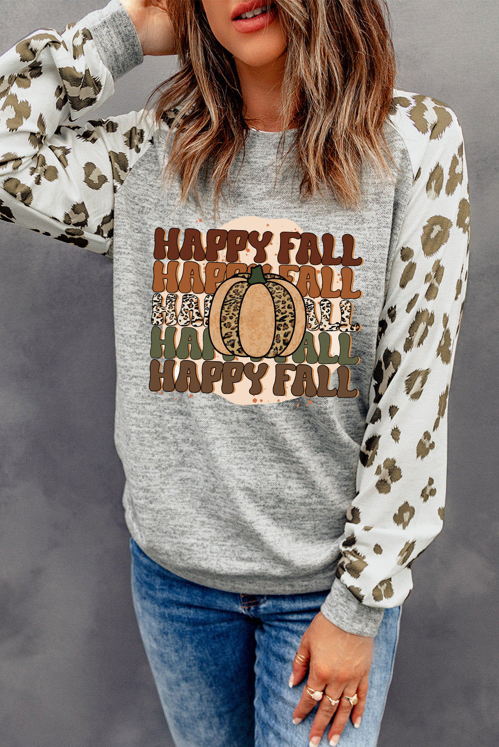 Gray Happy Fall Leopard Splicing Graphic Long Sleeve Top