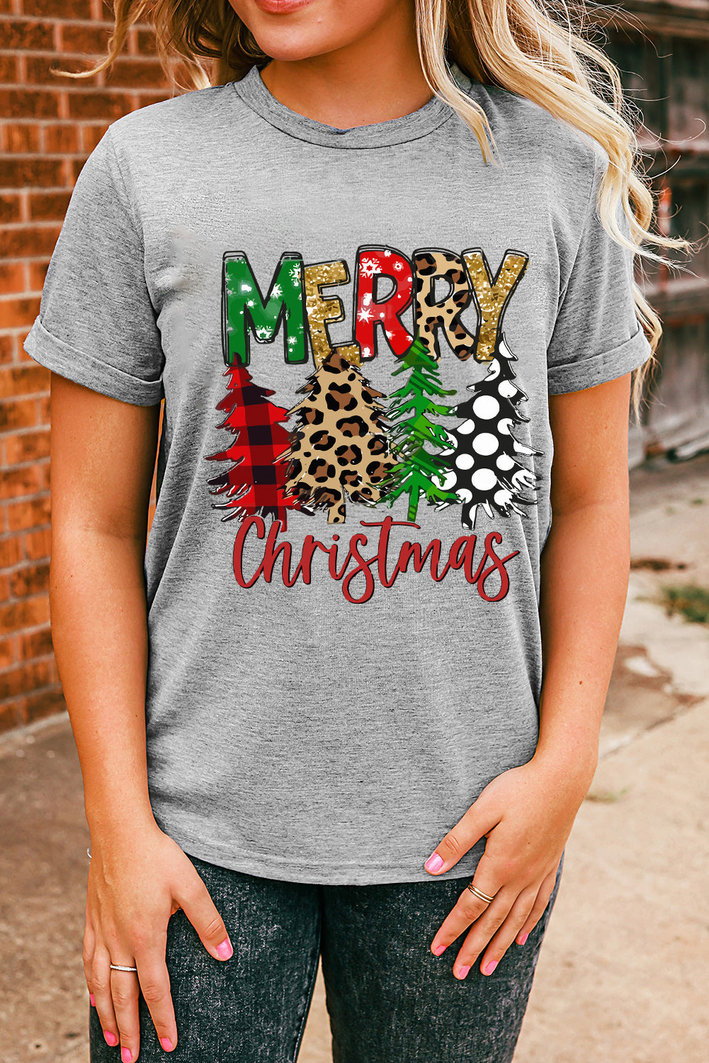 Gray Merry Christmas Tree Print Crew Neck Graphic Tee