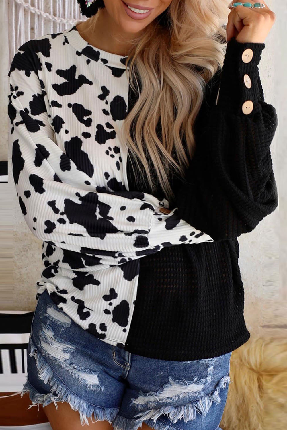 Black Animal Patchwork Colorblock Waffle Knit Long Sleeve Top