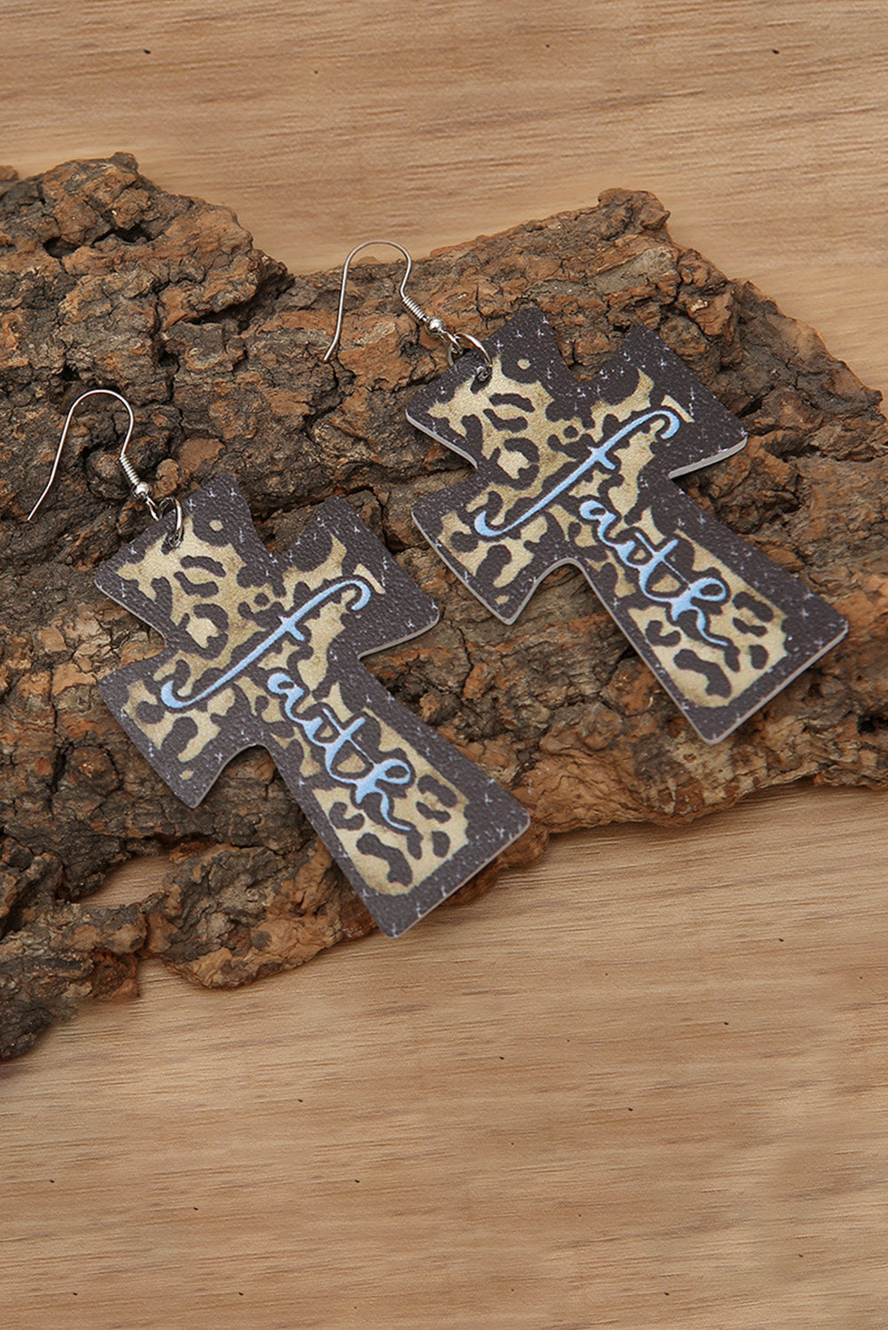Brown Leopard Fate Printed Cross Earrings