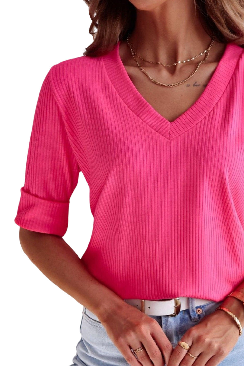 Rose Solid Color Ribbed Knit V Neck Casual Top for Women