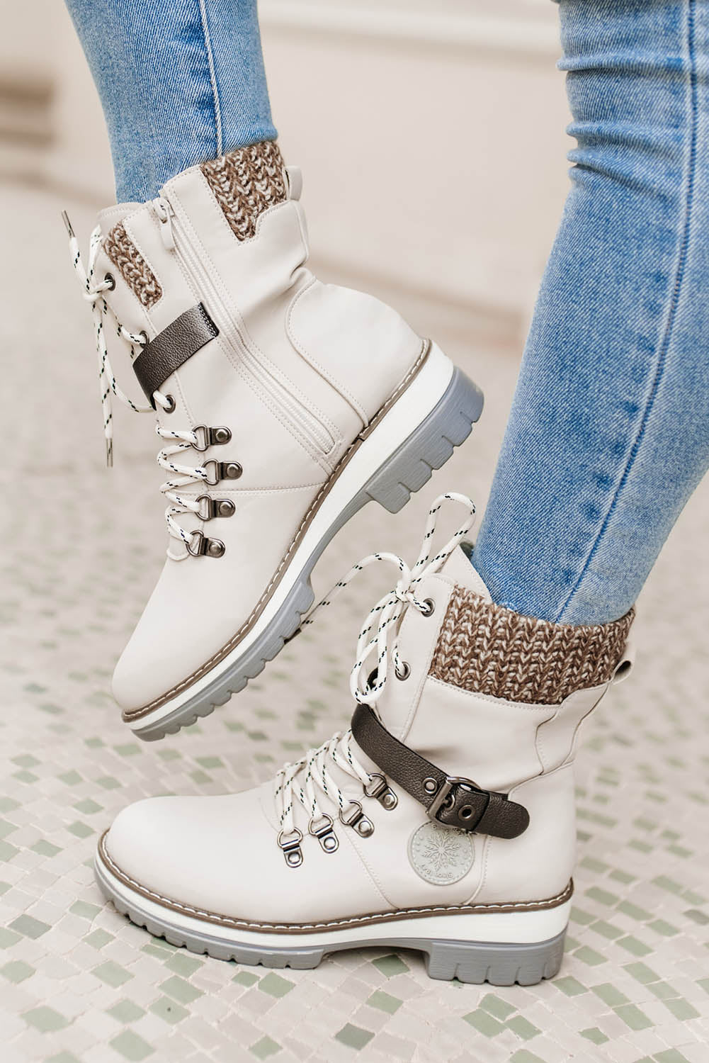 White Buckle Lace-up Zipped PU Leather Heeled Boots